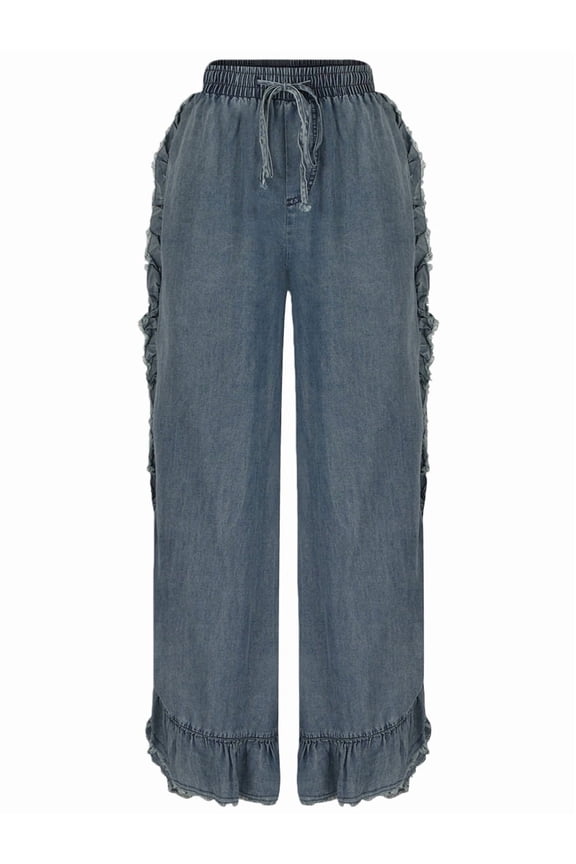 Women Denim Palazzo Pants Jeans Flare Elastic Waist Wide Leg Pants Jeans Flowy Ruffle Pants Denim Blue XXL