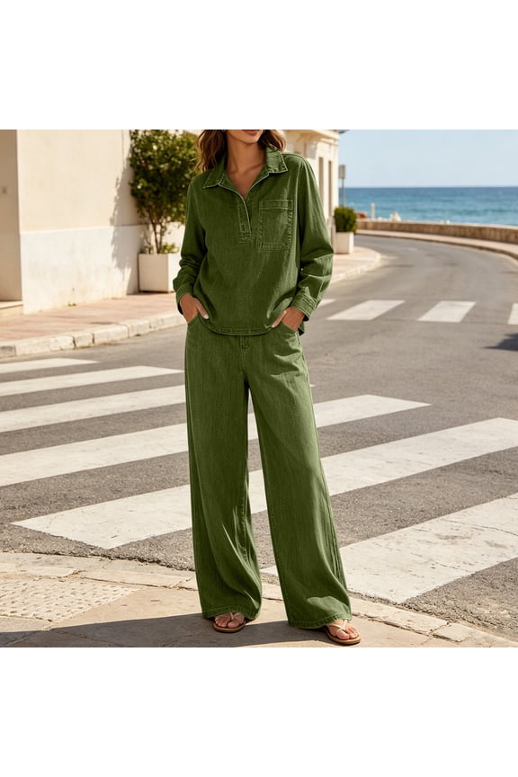 Women Denim Pant Set Collared Long Sleeve Pullover Tops Wide Leg Jeans with Pocket Loose Fitting Casual Vacation 2 Piece Outfit Green S