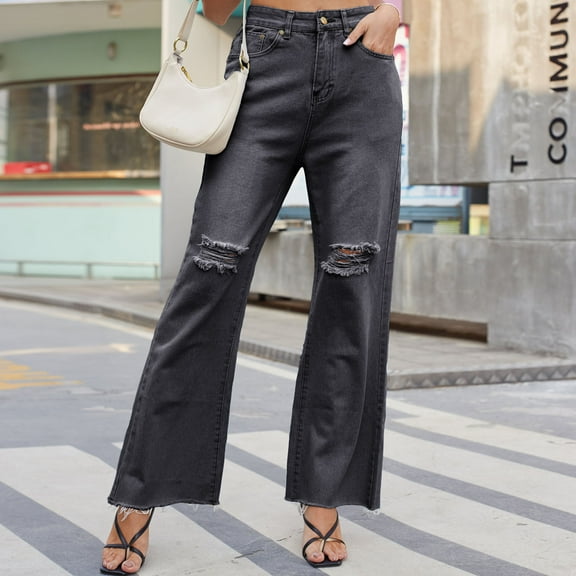 Women Denim Pants Wide Leg Jeans Fashion Pockets Button Mid Waist Skinny Jeans Pants Jeans For Women Gray,10
