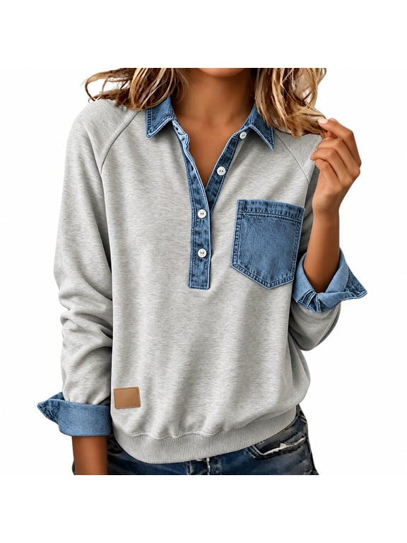 Women Denim Patchwork Collared Sweatshirt Long Sleeve Button Placket Casual Pullover Top with Chest Pocket