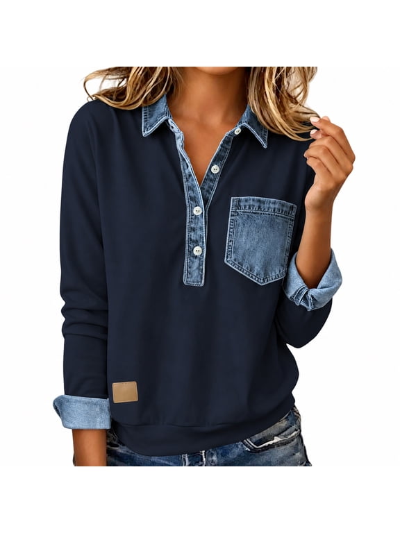 Women Denim Patchwork Collared Sweatshirt Long Sleeve Button Placket Casual Pullover Top with Chest Pocket
