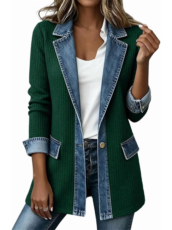 Women Denim Patchwork Jacket Long Sleeve Button Cardigan Jackets,2026 New Denim Patchwork Jackets for Women Rollable Denim Collared Shirt Jacket Side Jean Pockets Cardigan Jackets