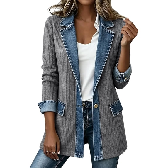 Women Denim Patchwork Jacket Long Sleeve Button Cardigan Jackets | Denim Patchwork Jackets for Women Rollable Denim Cuffs Collared Shirt Jacket Side Jean Pockets Cardigan Jackets