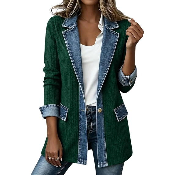 Women Denim Patchwork Jacket Long Sleeve Button Cardigan Jackets | Denim Patchwork Jackets for Women Rollable Denim Cuffs Collared Shirt Jacket Side Jean Pockets Cardigan Jackets