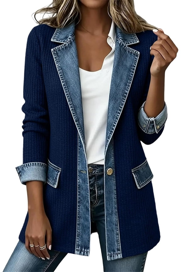 Women Denim Patchwork Jacket Long Sleeve Button Cardigan Jackets | Denim Patchwork Jackets for Women Rollable Denim Cuffs Collared Shirt Jacket Side Jean Pockets Cardigan Jackets