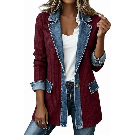 Women Denim Patchwork Jacket Long Sleeve Button Cardigan Jackets | Denim Patchwork Jackets for Women Rollable Denim Cuffs Collared Shirt Jacket Side Jean Pockets Cardigan Jackets
