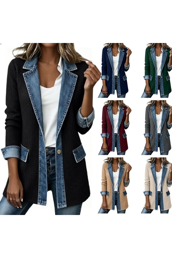 Women Denim Patchwork Jacket Long Sleeve Button Cardigan Jackets | Denim Patchwork Jackets for Women Rollable Denim Cuffs Collared Shirt Jacket Side Jean Pockets Cardigan Jackets