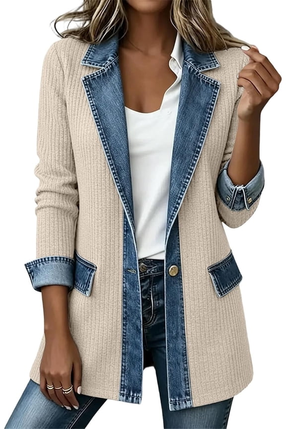 Women Denim Patchwork Jacket Long Sleeve Button Cardigan Jackets | Denim Patchwork Jackets for Women Rollable Denim Cuffs Collared Shirt Jacket Side Jean Pockets Cardigan Jackets