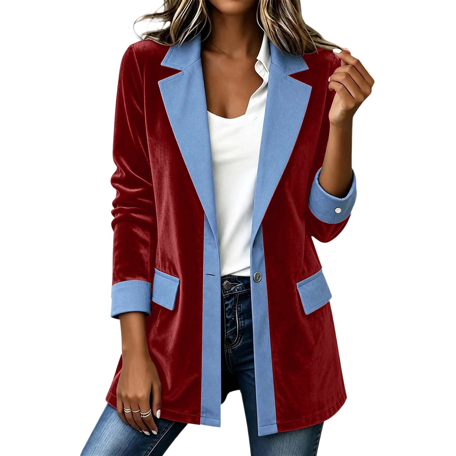 Women Denim Patchwork Jacket Velvet Cardigan Coat Long Sleeve Notched ...