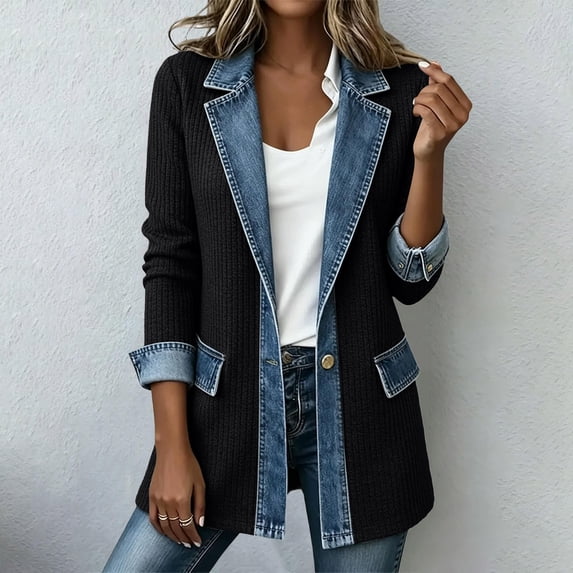 Women Denim Patchwork Knit Blazer Notched Lapel Contrast Long Sleeve One Button Loose Casual Fashion Jacket With Pockets Black L