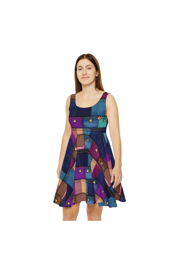 Women Denim Print Skater Dress, Denim Print Poly-Span Dress - 10