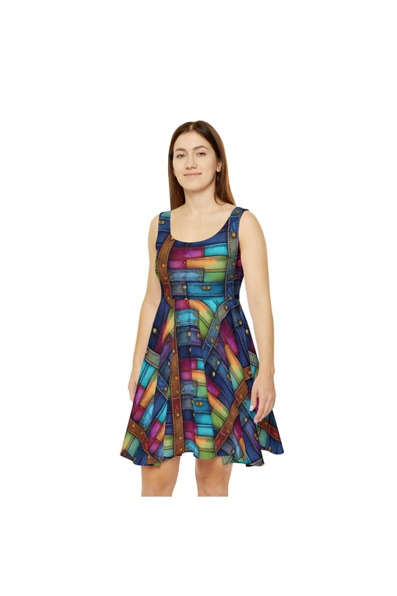 Women Denim Print Skater Dress, Denim Print Poly-Span Dress - 13