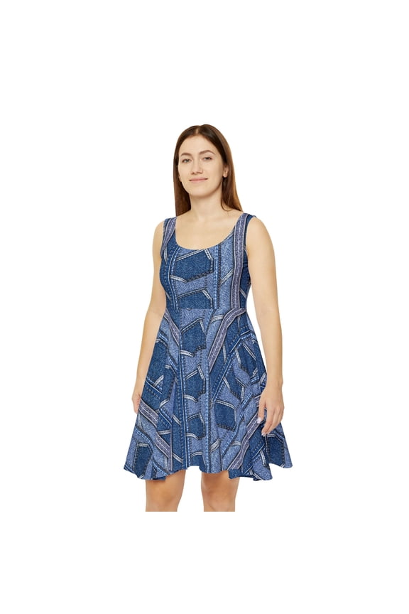Women Denim Print Skater Dress, Denim Print Poly-Span Dress - 29
