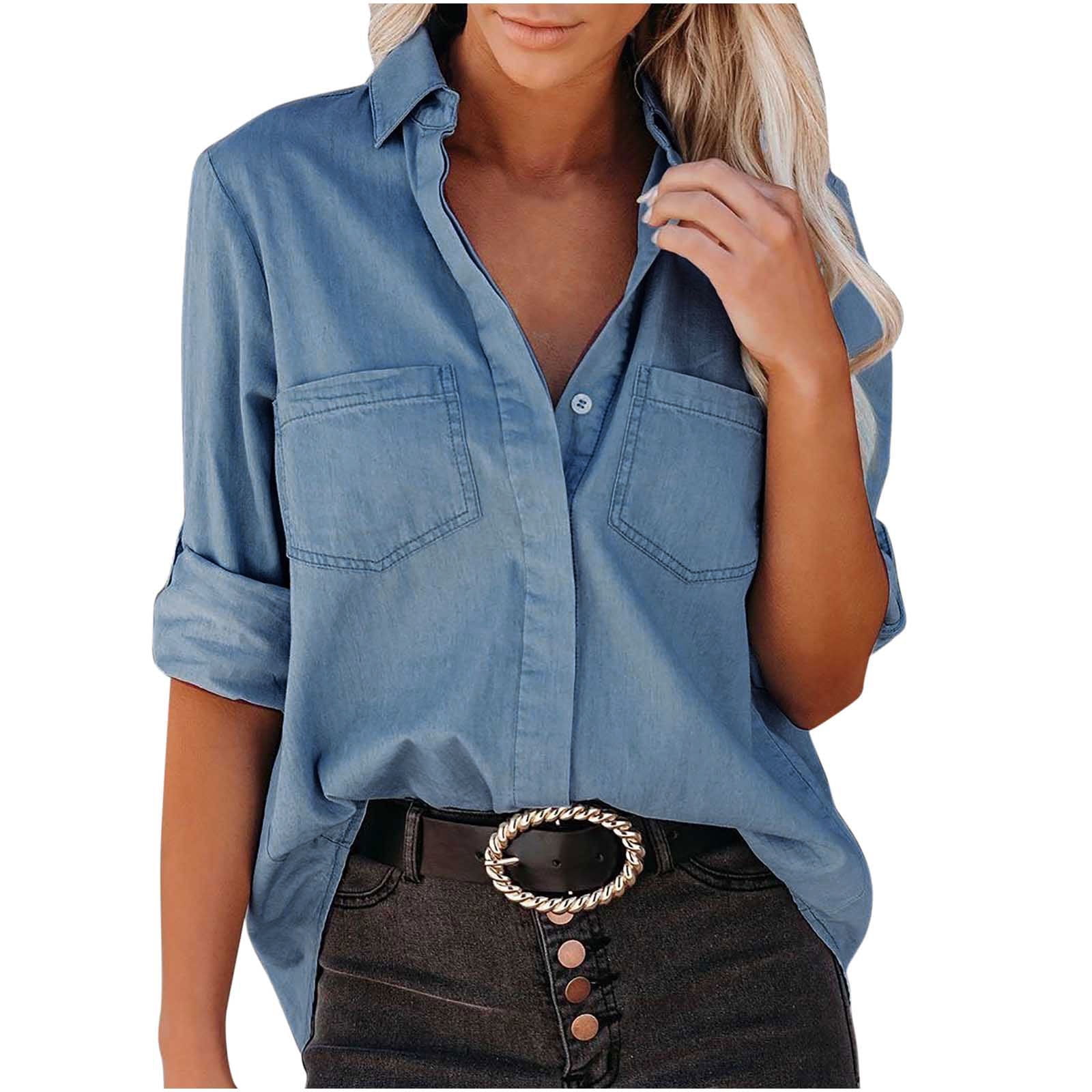 womens denim shirt: Women's Tops & Dressy Tops