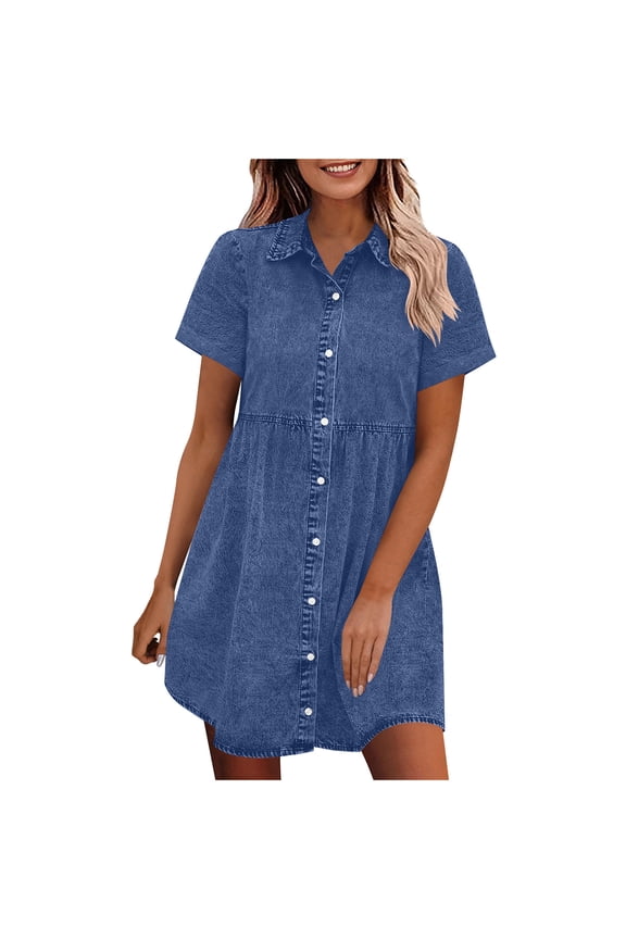 Women Denim Shirt Dress Babydoll Tiered Short Sleeve Button Down Dresses Casual Fashion Loose Fit Jean Dress