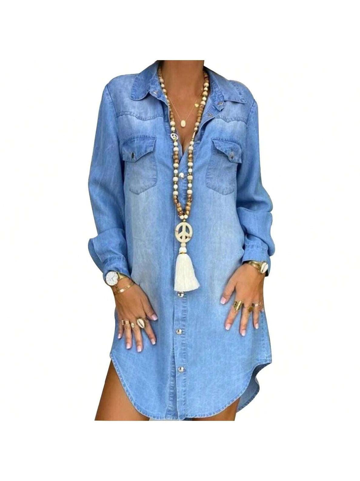 Women Denim Shirt Dress Long Sleeve Solid Color Stretch Casual Fashion ...