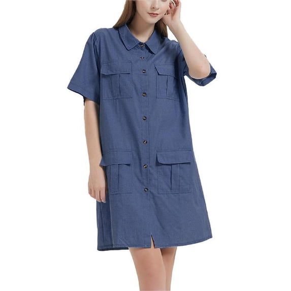 Women Denim Shirt Dress Loose Short Sleeves Button Down Pockets Cardigan Dresses, Dark Denim, Large