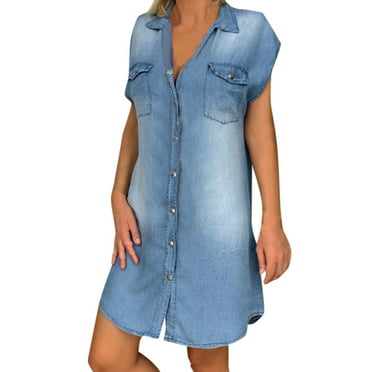 Niuer Denim Dress for Women Casual Short Sleeve Tunic Shirt Dress Boho ...