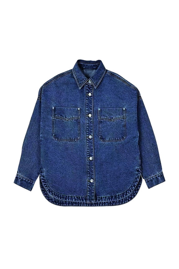 Women Denim Shirt Jacket Shacket Long Sleeve Oversized Boyfriends Jean Jacket Coats with Pockets Dark Blue L