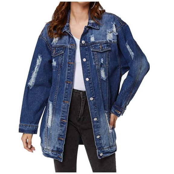 Women Denim Shirt Jacket Women's Baggy Ripped Lapel Denim Jacket Fall Long Coat Women's Cropped Denim Jackets S-161 Blue M