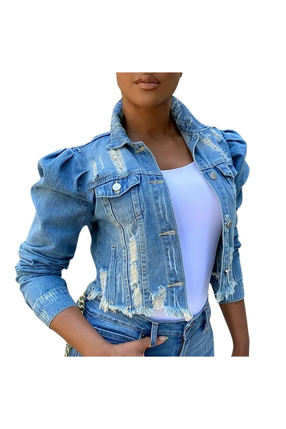 Women Denim Shirt Jacket Women's Street Short Lapel Frayed Breasted Puff Sleeve Slim Jacket Jean Jacket for Women Trendy S-48 Blue XXL