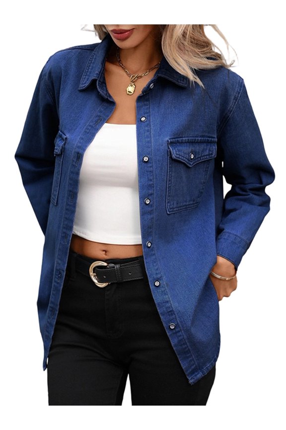 Women Denim Shirt Jean Shacket with Long Sleeves for Spring Deep Blue M