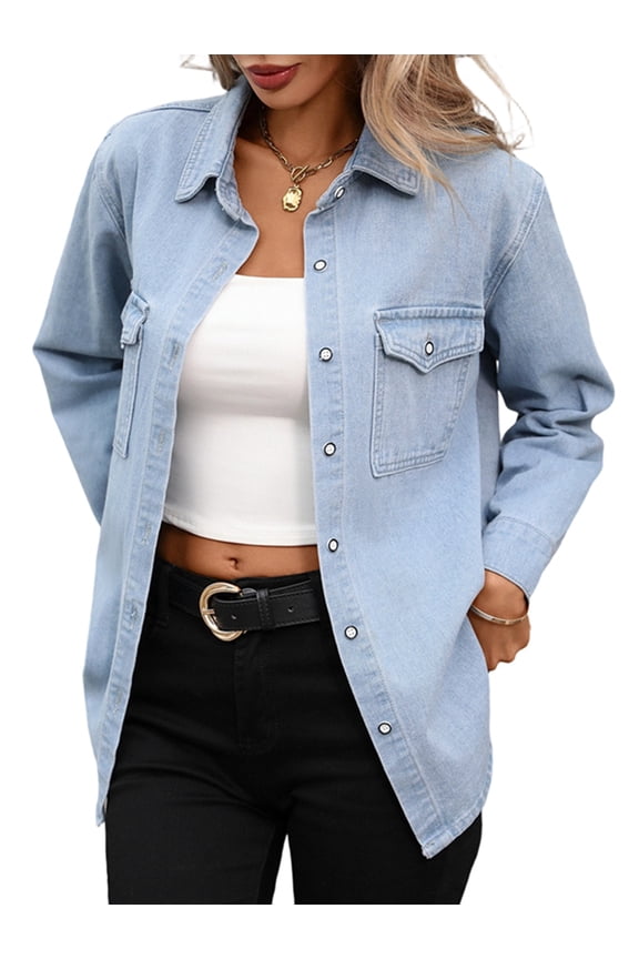 Women Denim Shirt Jean Shacket with Long Sleeves for Spring Light Blue L