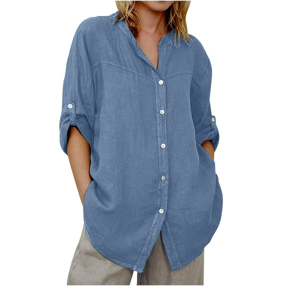 Women Denim Shirts 2025 Casual V Neck Collared Jean Blouses Oversized Long Sleeve Button Down Tops
