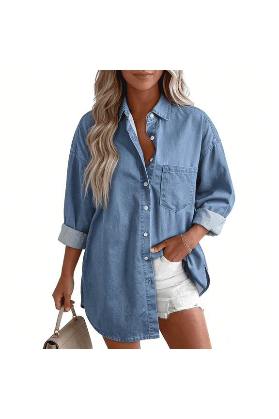 Women Long Sleeve Denim Shirts Button Down Casual Tops