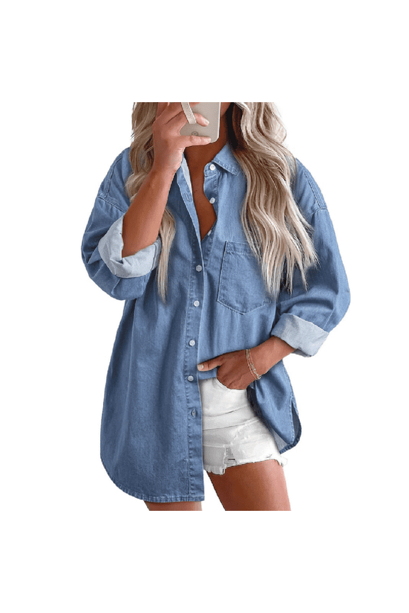 Women Long Sleeve Denim Shirts Button Down Casual Tops