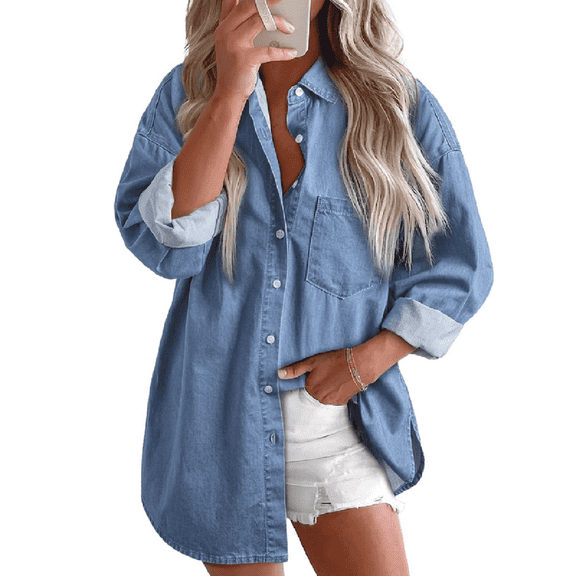 Women Long Sleeve Denim Shirts Button Down Casual Tops