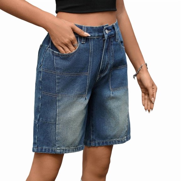 Women Denim Shorts Knee Length 4 Pockets Long Jean Shorts Elastic High Waist Summer Jorts Blue XXL