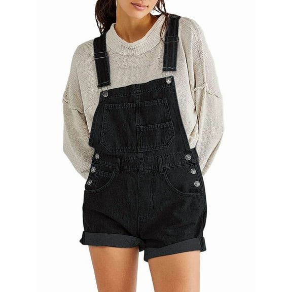 Women Denim Shorts Overalls Summer Casual Loose Fit Adjustable Rompers Jean Jumpsuit Bib Shortalls Black M