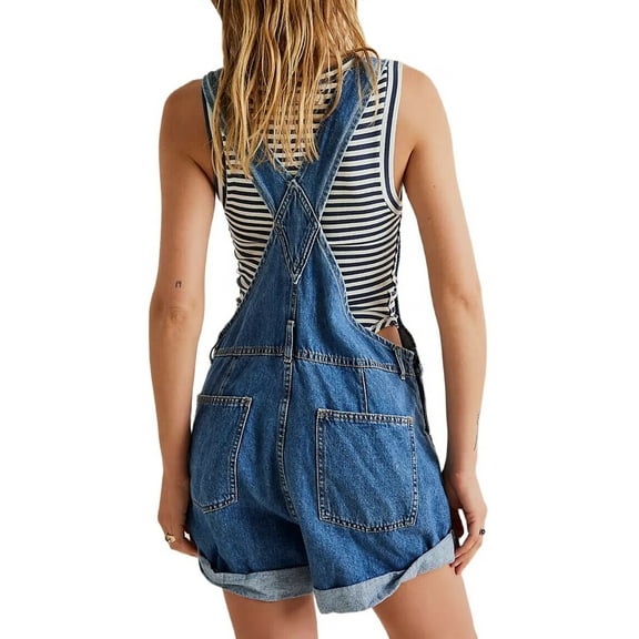 Women Denim Shorts Overalls Summer Casual Loose Fit Adjustable Rompers Jean Jumpsuit Bib Shortalls Dark Blue XL