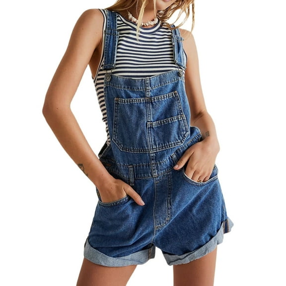 Women Denim Shorts Overalls Summer Casual Loose Fit Adjustable Rompers Jean Jumpsuit Bib Shortalls Dark Blue XXL