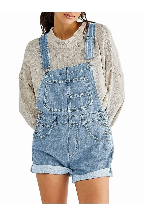 Women Denim Shorts Overalls Summer Casual Loose Fit Adjustable Rompers Jean Jumpsuit Bib Shortalls Light Blue S