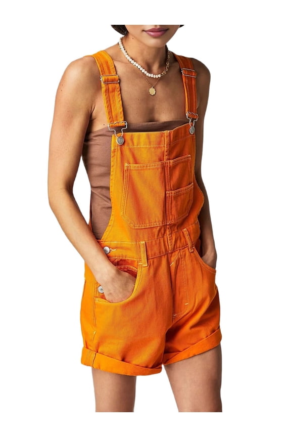 Women Denim Shorts Overalls Summer Casual Loose Fit Adjustable Rompers Jean Jumpsuit Bib Shortalls Orange M