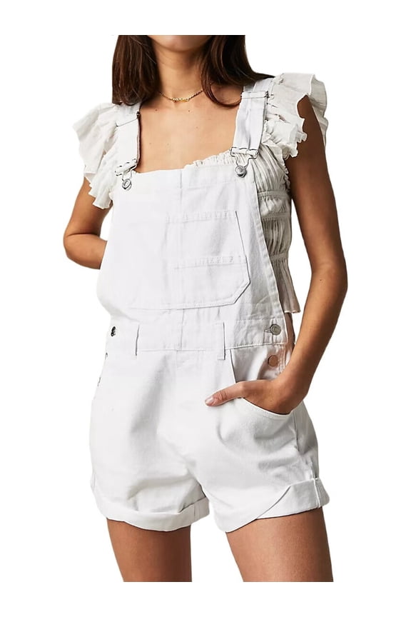 Women Denim Shorts Overalls Summer Casual Loose Fit Adjustable Rompers Jean Jumpsuit Bib Shortalls White S