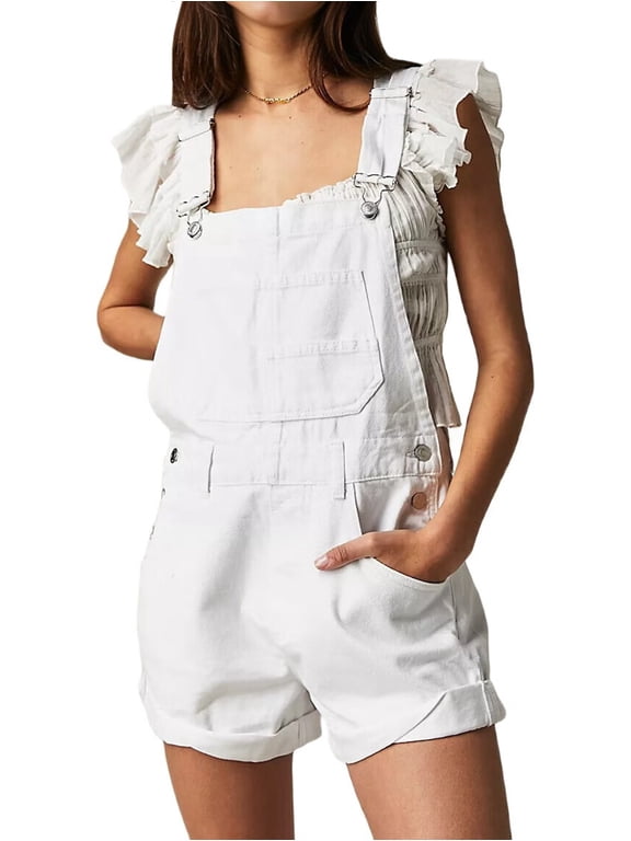 Women Denim Shorts Overalls Summer Casual Loose Fit Adjustable Rompers Jean Jumpsuit Bib Shortalls White S