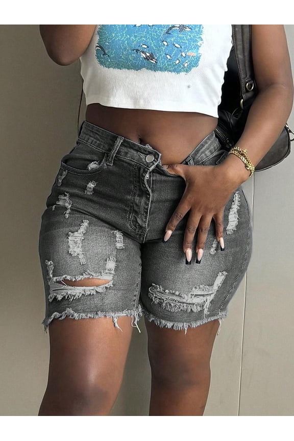 Women Denim Shorts Straight Leg High Rise Stretch Fabric Casual Style Fashionable Attire
