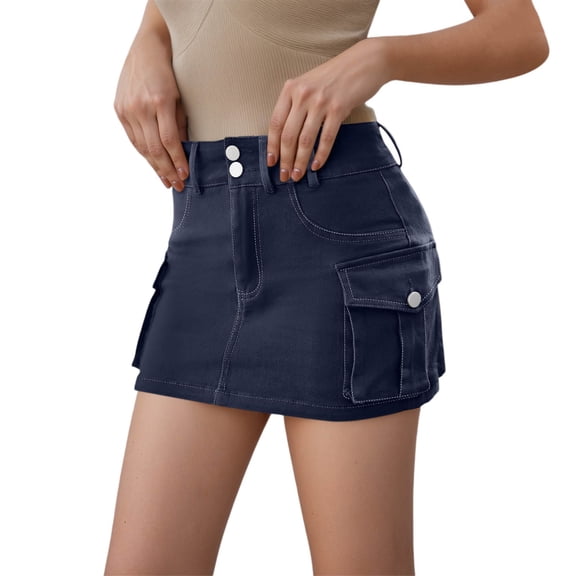 Women Denim Skirt Casual Straight Mini Summer Fall Outfit Fitted Solid Color Work Dark Blue Skirt L