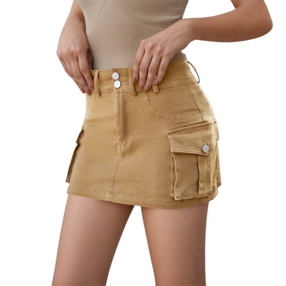Women Denim Skirt Casual Straight Mini Summer Fall Outfit Fitted Solid Color Work Gold Skirt S