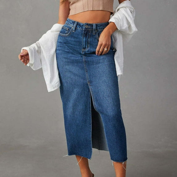 Women Denim Skirt Knee Length Casual Straight Jean Skirt Dark Blue XXL