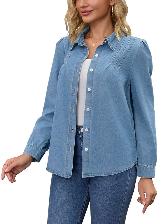 Women Denim Style Tops Pleated Front Puff Long Sleeve Lightweight Button Down Jean Shirts L Blue