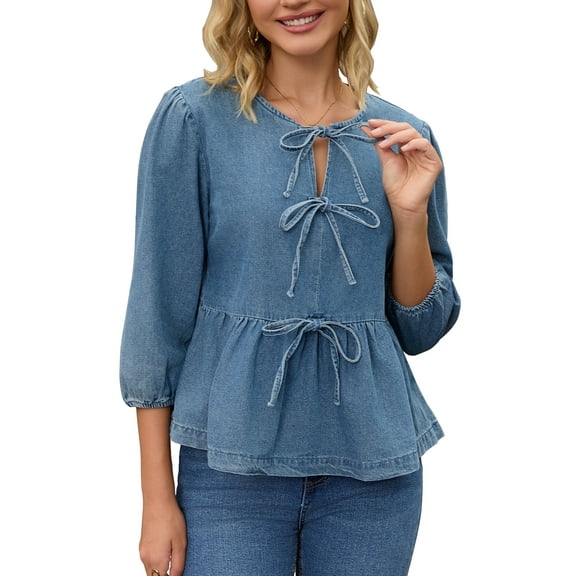 INSPIRE CHIC Women's Denim Tops Tie Front Puff Sleeve Ruffle Hem Peplum Blouse Jean Shirts L Blue