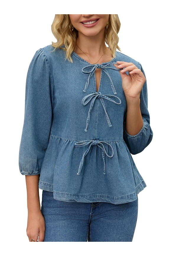 Women's Denim Tops Tie Front Puff Sleeve Ruffle Hem Peplum Blouse Jean Shirts L Blue
