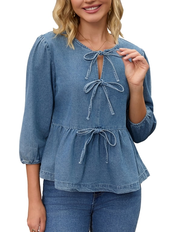 Women's Denim Tops Tie Front Puff Sleeve Ruffle Hem Peplum Blouse Jean Shirts M Blue