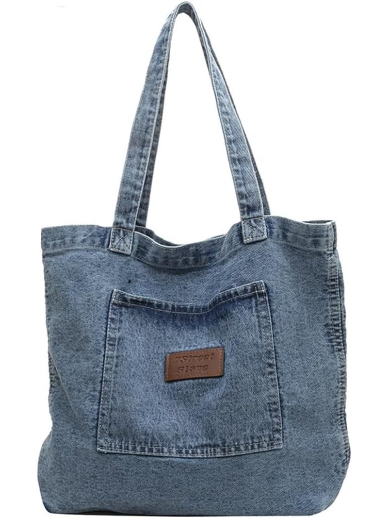 Denim Tote Bag For Women With Chain Strap - Large Quilted Hobo Bag & Matching Wallet Set