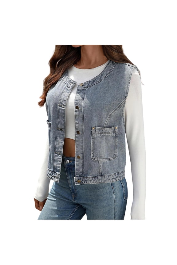 Women Denim Vest Crew Neck Sleeveless Button Down Cardigan Casual Stylish Cropped Jackets With Pockets (L, Light Blue)