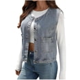 thumbnail image 1 of Women Denim Vest Crew Neck Sleeveless Button Down Cardigan Casual Stylish Cropped Jackets With Pockets (XL, Light Blue), 1 of 9